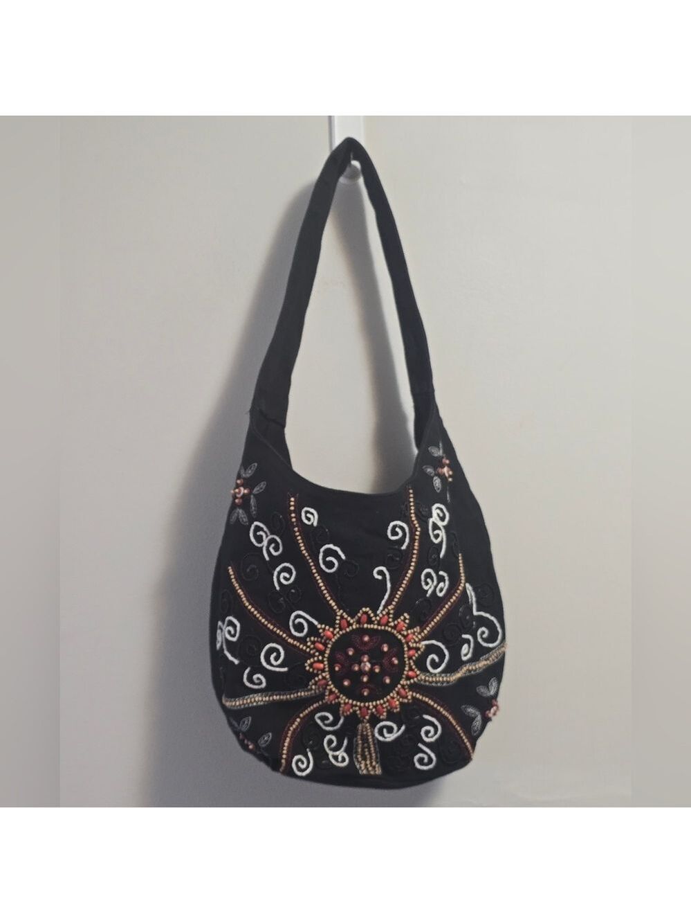 Rachel Black Embroidered Shoulder Bag with Bead Detailing